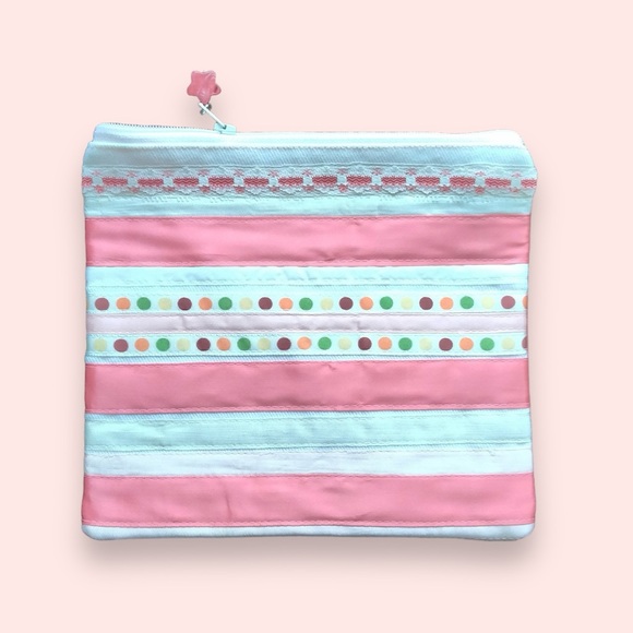 Coral Striped Zippered Pouch Makeup Bag Art Supply Storage Travel Tote - Picture 1 of 5